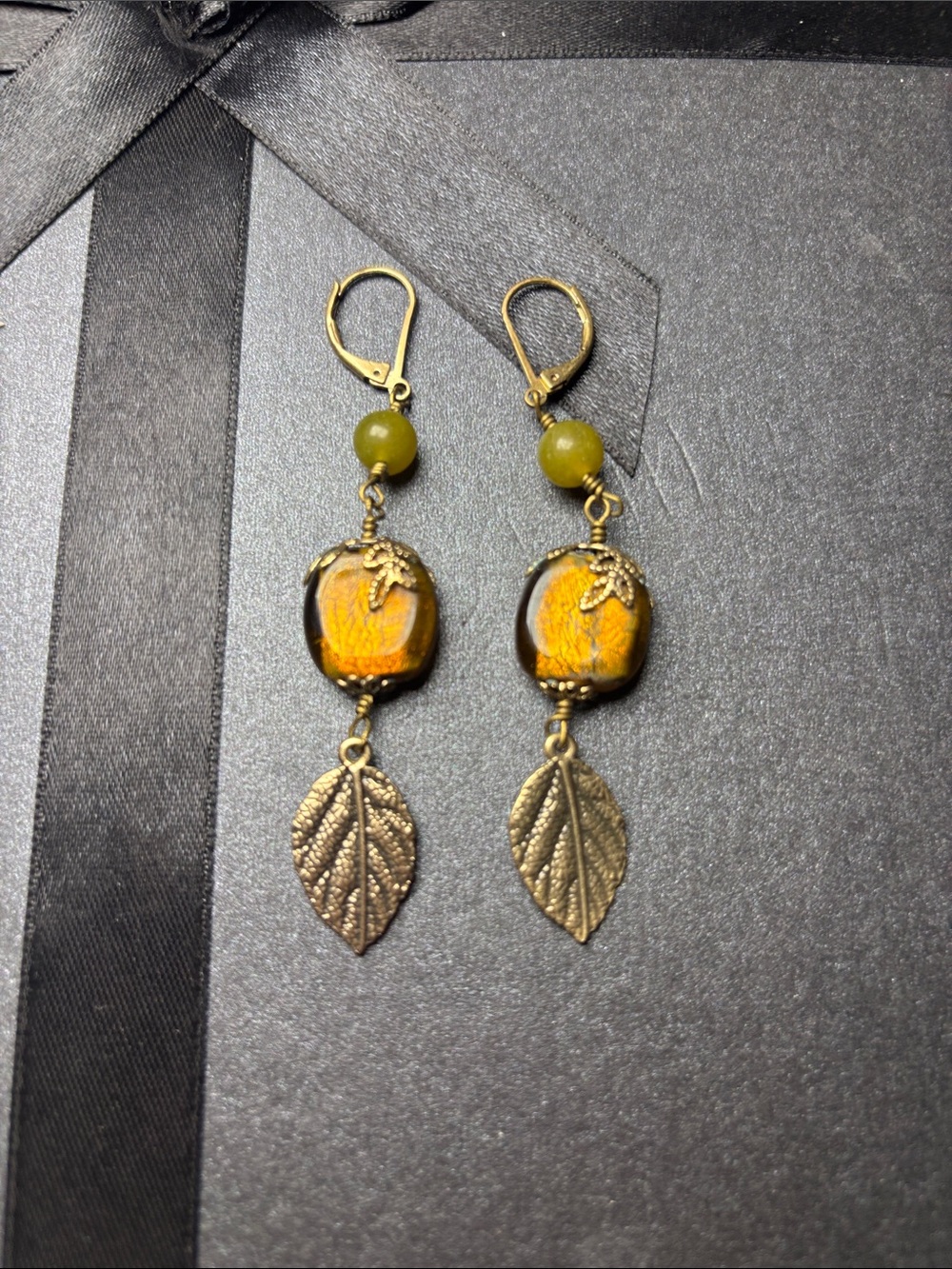 Vintage-Inspired Olive and Amber Leaf Drop Earrings